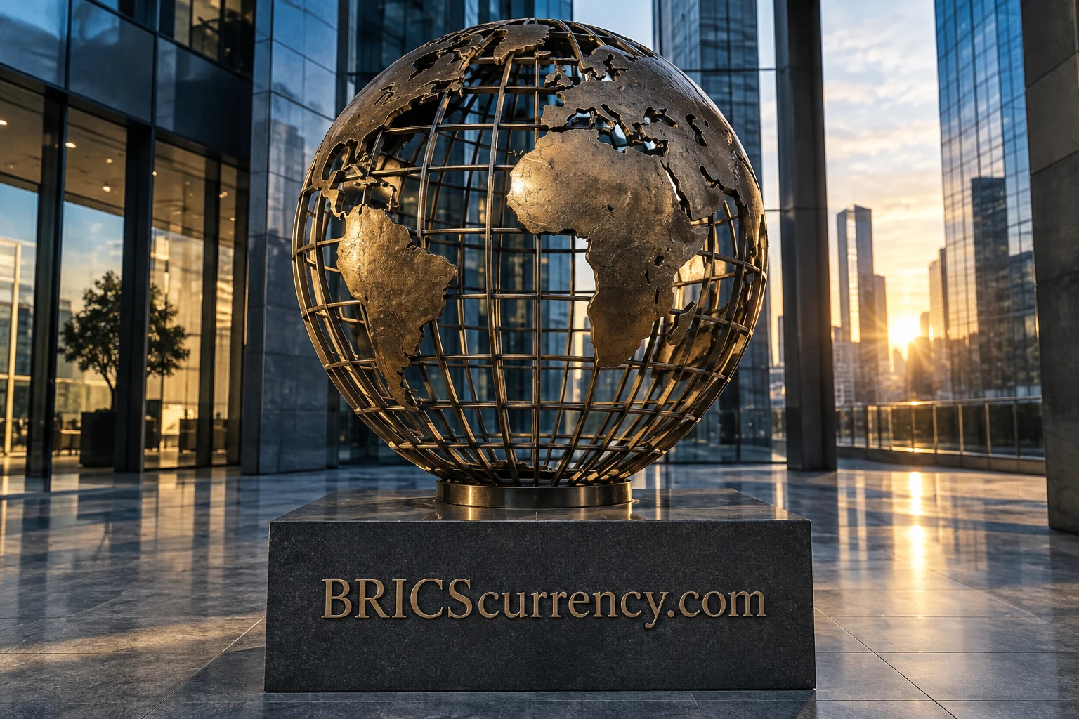 A sculptural globe at a glass financial district building, bearing BRICScurrency.com